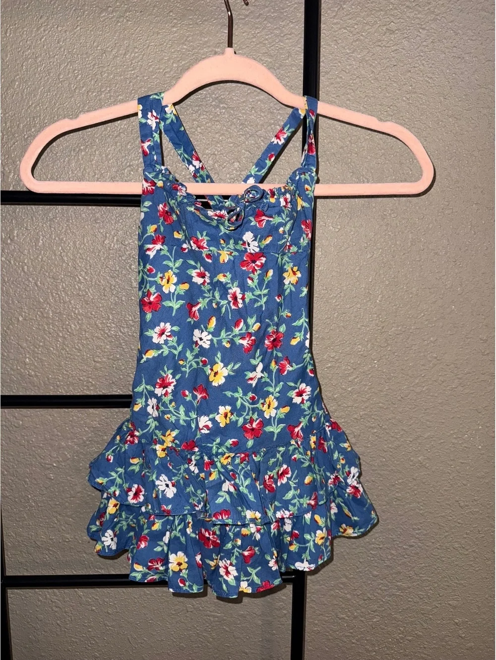 Ralph Lauren Girls 3T Blue Floral Ruffle Tiered Cotton Sundress Cross Back